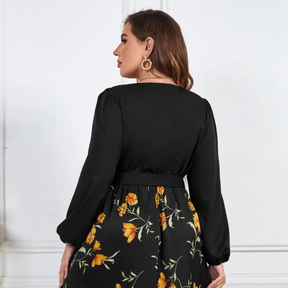 Melo Apparel Plus Size Floral Print Tie Belt V-Neck Balloon Sleeve Midi Dress - Picture 5 of 7